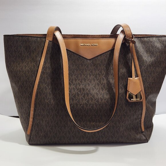 Michael Kors Whitney Large Tote Bag Brown Signature Print Tan Leather Accents - Picture 1 of 16